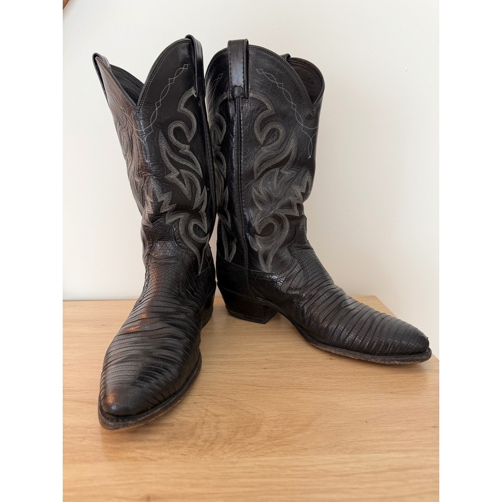 Vintage Dan Post Black Lizard Cowboy Boots Men's 10D USA Exotic Western